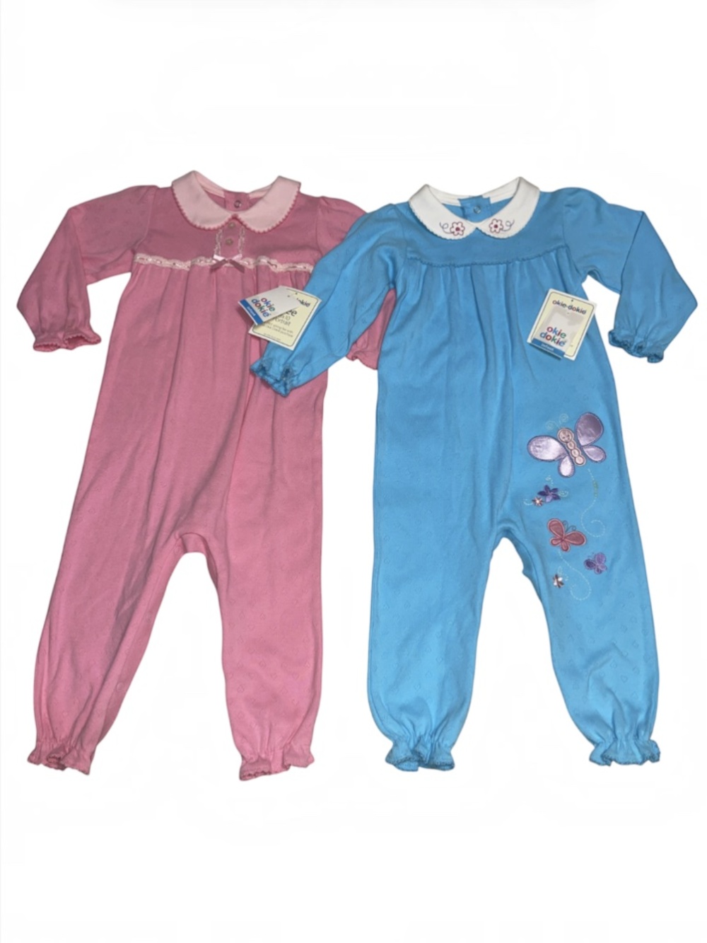 Vtg Baby Okie Dokie Outfits Girl 24 Mos Romper Lot of 2 Pink Blue Butterfly Tags